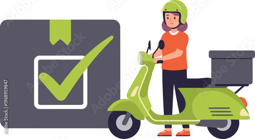 Delivery scooter rider successfully completes a package drop-off. Bright, modern illustration. Perfect for e-commerce and logistics visuals.
