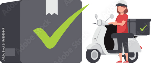 Delivery scooter successfully completes a package drop-off. A female courier smiles, showcasing a green checkmark confirming delivery. Modern, flat design.