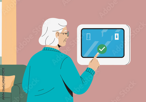 An elderly woman uses a tablet to access her smart home, confirming access with a checkmark. Modern, clean design with a focus on ease of use and accessibility.