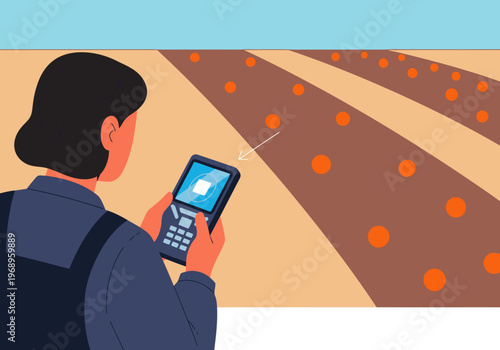 A farmer uses a handheld device to check nutrient density in a field of orange markers. Modern agricultural technology. Clear, focused composition.