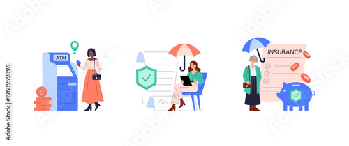 Financial Services Vector with ATM and Insurance Concepts
