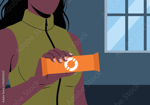 A muscular woman holds a fitness protein bar, illuminated by a window. Clean, modern illustration style. Ideal for health & wellness marketing.