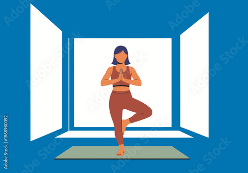 A woman practices yoga in a serene windowed room. She?s in tree pose, promoting wellness and balance. Soft, calming colors and a minimalist setting create a peaceful atmosphere.