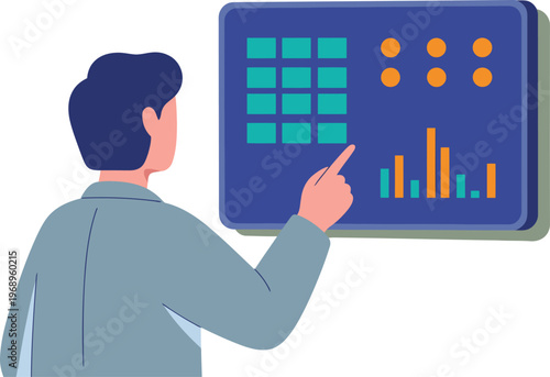 A professional analyzes soil nutrient data on a large screen, pointing to a graph. Modern data science visualization. Clean, bright, and informative.