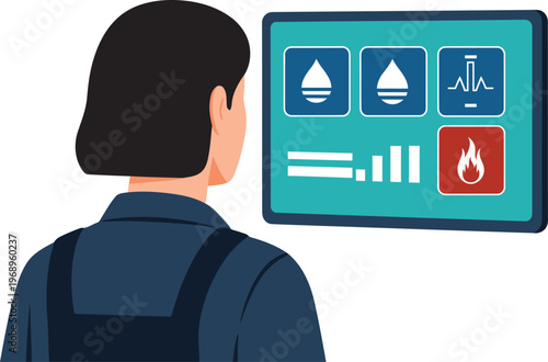 A professional woman monitors a cooling system on a digital display. Clean, modern design with intuitive icons. Focus on thermal management.