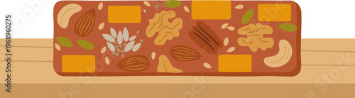 A rustic bio protein bar sits on a wooden surface, adorned with nuts and seeds. Clean, flat design. Perfect for health & wellness visuals.