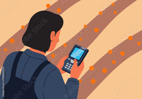 A professional woman analyzes soil nutrient density using a handheld device, highlighting agricultural monitoring. Modern, detailed illustration.