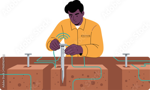 A technician installs a smart soil probe in the ground. The illustration showcases a modern agricultural technology setup with clear lines and a professional aesthetic.