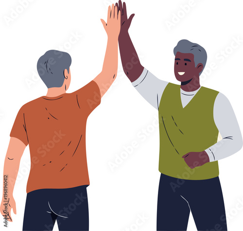 Two men celebrate a gym mentor success with a high-five. A vibrant illustration showcasing mentorship and achievement. Modern, friendly, and visually appealing.