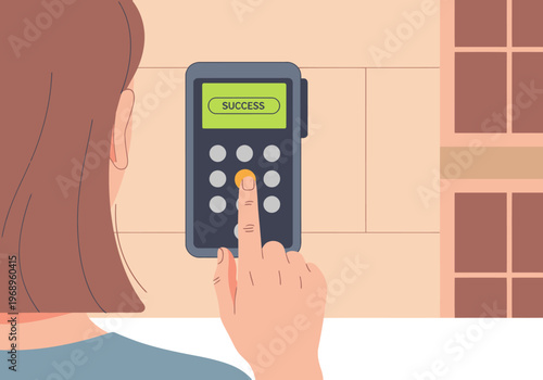 A woman successfully enters a secure system using fingerprint recognition. Clean, modern design with a focus on access and security. Bright, professional aesthetic.