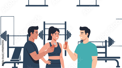 Three fitness enthusiasts share protein bars in a modern gym setting. They?re smiling and engaged, showcasing a healthy lifestyle. Clean, bright, and inviting.