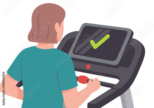 A woman uses a treadmill at a gym, checking a digital display showing a success milestone. Modern gym setting, focused on fitness achievement.