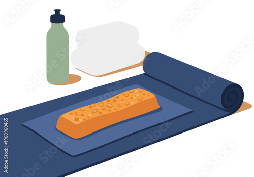 A vibrant illustration showcases a yoga mat, protein bar, and water bottle, perfect for fitness and wellness content. Clean, modern design with a focus on healthy lifestyle.