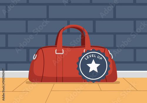 A vibrant gym bag with a 'Level Up' badge sits on a floor, showcasing fitness motivation. Clean, modern illustration style. Perfect for health and wellness campaigns.