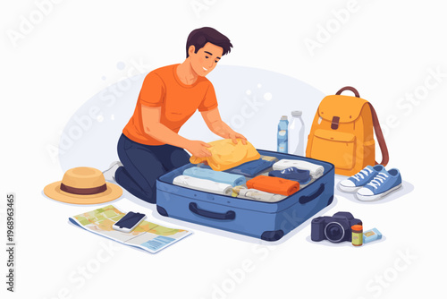 Man packing suitcase for travel, vacation preparation and trip planning concept, flat vector illustration