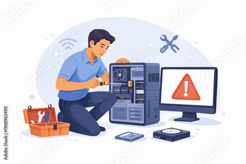 Computer repair and IT support concept with technician fixing desktop PC, technical service and troubleshooting, flat vector illustration