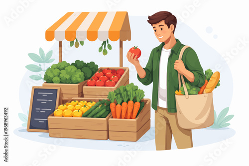 Man buying fresh organic vegetables at market, healthy food and grocery shopping concept, flat vector illustration