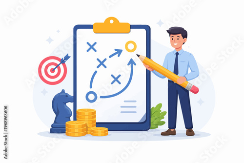 Business strategy planning concept with man analyzing plan on clipboard, marketing strategy and goal achievement, flat vector illustration
