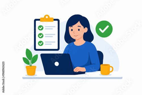 Woman working on laptop with checklist, task completion and productivity concept, remote work, flat vector illustration