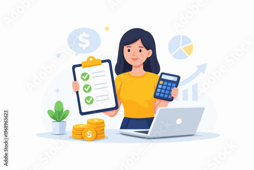 Financial management and budgeting concept with woman using calculator and checklist, money savings and accounting, flat vector illustration