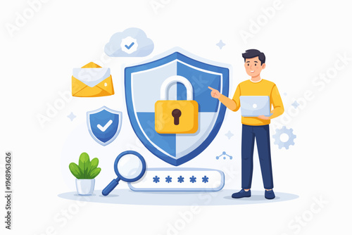 Cyber security and data protection concept with shield and lock, man using laptop, secure login and privacy, flat vector illustration