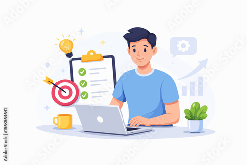 Young man working on laptop with checklist and goal target, productivity and task management concept, flat vector illustration