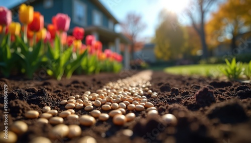 Seeds are lined up on dark soil ready for planting. Tulips bloom nearby in bright colors. Sunlight shines on the garden preparing for new growth.