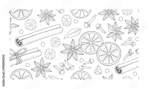 Black and white botanical spice and citrus pattern lemons oranges slices cinnamon