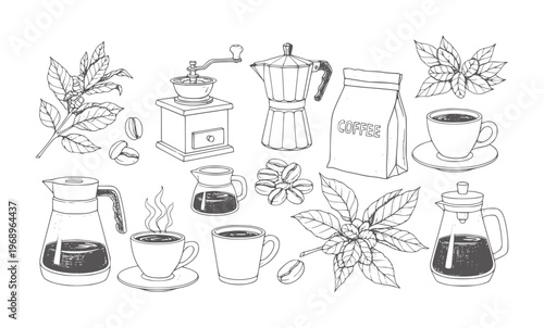 Black and white line collection of coffee making equipment and coffee beans plants