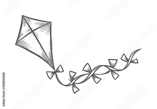 Black and white line of a diamond kite with twisted tail bows