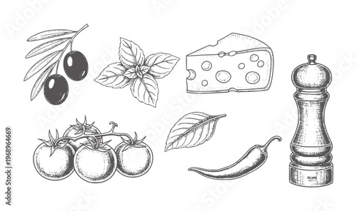 Black and white line of olives basil cheese tomatoes pepper and pepper mill