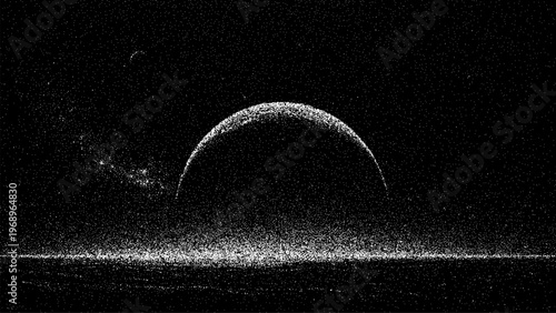 Abstract space background with stardust forming a planet silhouette. Minimalist galaxy illustration with particles. Cosmic design element for futuristic website theme and banner.