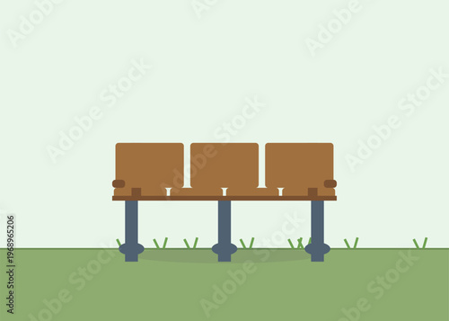 Minimalist flat design park bench with three seats on green grassy area outdoors. Simple public seating.