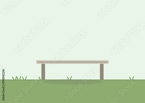 Minimalist flat design illustration of wooden park bench in peaceful green garden outdoors. Simple nature concept.