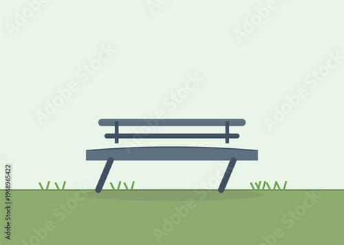 Simple blue park bench in peaceful outdoor green setting, minimalist flat design. Tranquil scene on grass.