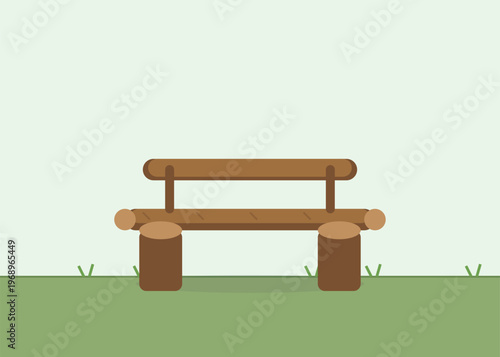 Flat design wooden log bench on lush green grass field, peaceful park scene illustration.