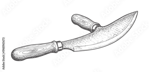 Hand drawn curved kitchen knife with wooden handles utensil cooking food