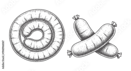 Hand drawn of coiled sausage and two crossed sausages meat food