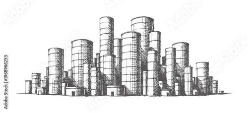 Monochrome of industrial storage tanks and refinery towers