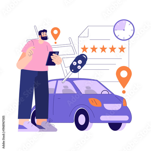 Man Using Smartphone for Car Rental Vector Illustration