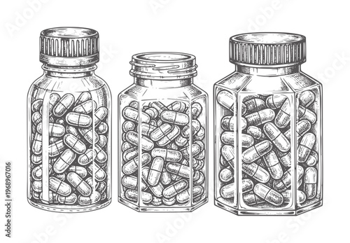 Three illustrated glass pill bottles filled with capsules showing different shapes