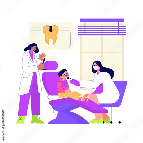 Dentist Caring for Child in Dental Office Vector Illustration