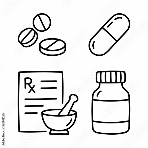 Pharmacy and medicine icons with pills, capsule, prescription, and drug bottle symbols, simple outline vector