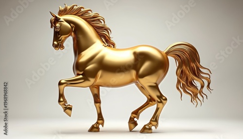 Golden horse statue gleams on light background. Symbolizes wealth, power, and elegance. Ideal for new year celebrations and cultural themes. This majestic animal represents good fortune and success.