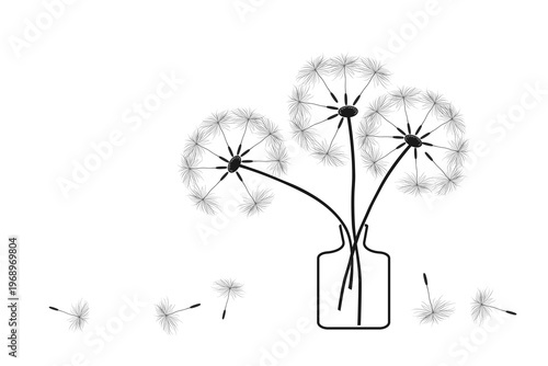 black and white poster with dandelion flowers in a vase