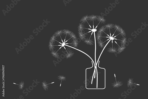 black and white poster with dandelion flowers in a vase