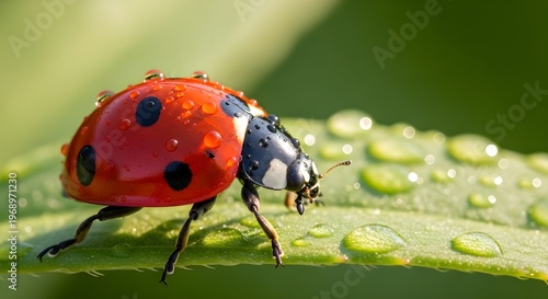 Macro shot of a vibrant red ladybug covered in sparkling water droplets, crawling on a fresh green leaf during a sunny morning.