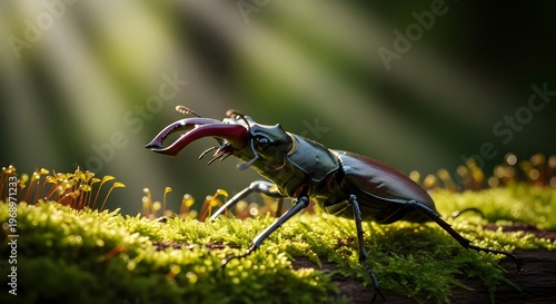 Macro close-up of a stag beetle (Lucanus cervus) crawling on green mossy wood in a sun-drenched forest with soft bokeh light.