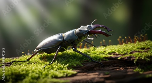 Macro of a stag beetle (Lucanus cervus) with large mandibles on a mossy log in a sun-drenched forest.