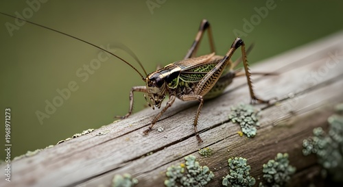 Macro shot of a bush-cricket perched on a weathered wooden fence with lichen, selective focus on the insect's head.
